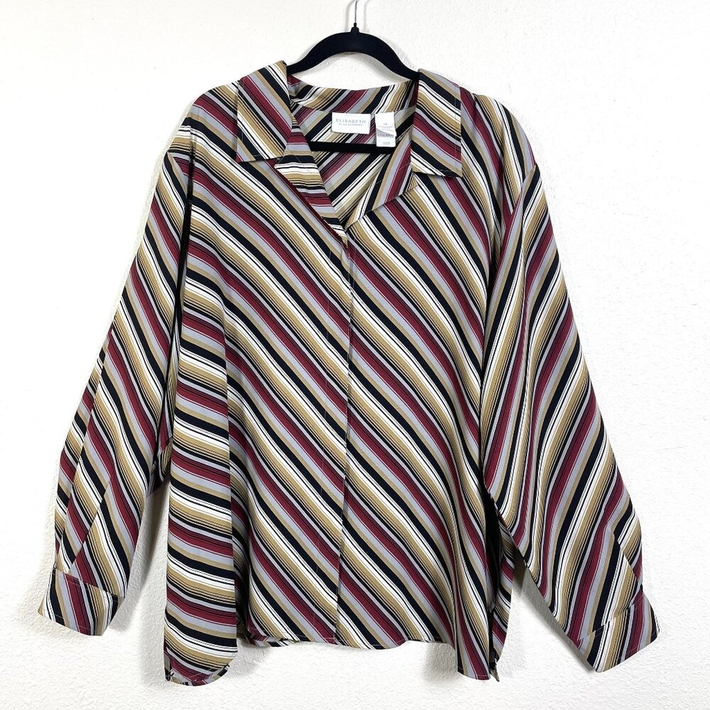 Liz Claiborne Blouse Top Tunic Langenlook Striped Button Up Collard Size…